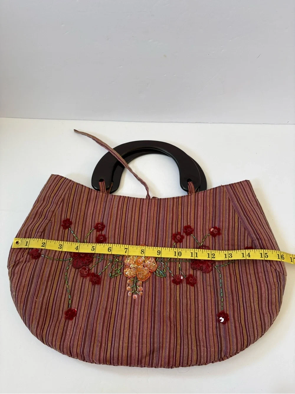 VNTG‎ Crescent Moon Orange Red Stripe Floral Embroidery Bag Purse Wooden Handle